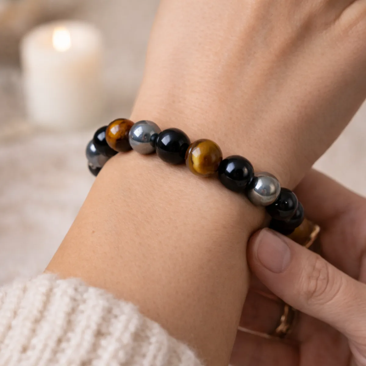 bracelet protection énergétique hématite obsidienne oeil de tigre porté femme