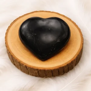 Cœur en tourmaline noire posé sur rondin de bois, pierre naturelle polie