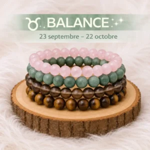 Collection Balance avec quatre bracelets en quartz rose, jade, quartz fumé et œil de tigre