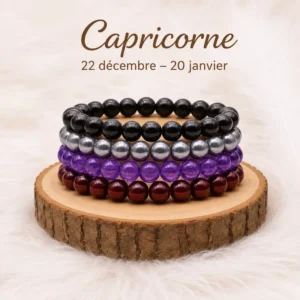 Collection de quatre bracelets Capricorne noirs, gris, violets et rouges sur rondin