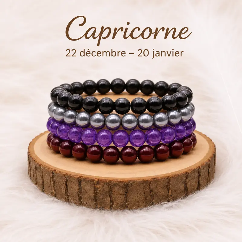 Collection de quatre bracelets Capricorne noirs, gris, violets et rouges sur rondin