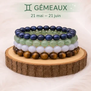 Quatre bracelets Gémeaux empilés en lapis-lazuli, aventurine verte, calcédoine et œil de tigre