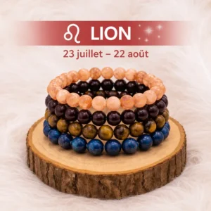 Collection de quatre bracelets Lion empilés en pierre de soleil, grenat, œil de tigre et lapis-lazuli