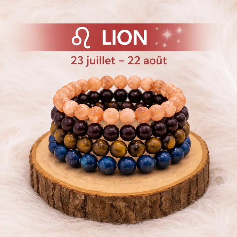 Collection de quatre bracelets Lion empilés en pierre de soleil, grenat, œil de tigre et lapis-lazuli