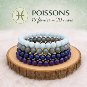 Collection de quatre bracelets Poissons bleu clair, gris, bleu foncé et violet sur rondin