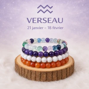 Collection de quatre bracelets Verseau multicolores en pierres naturelles sur rondin