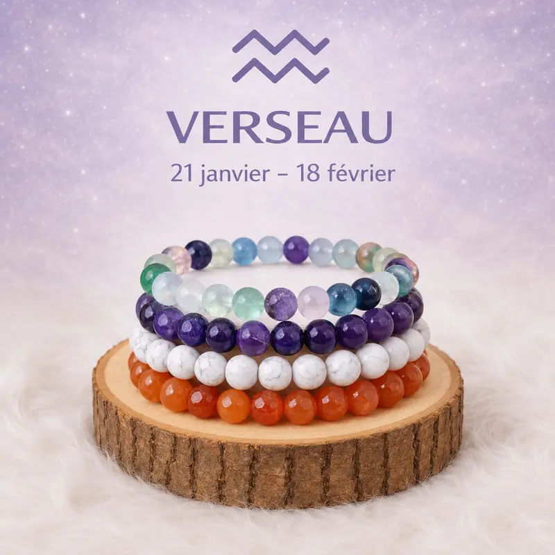 Collection de quatre bracelets Verseau multicolores en pierres naturelles sur rondin