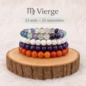 Collection de quatre bracelets Vierge empilés en fluorite, howlite, améthyste et cornaline