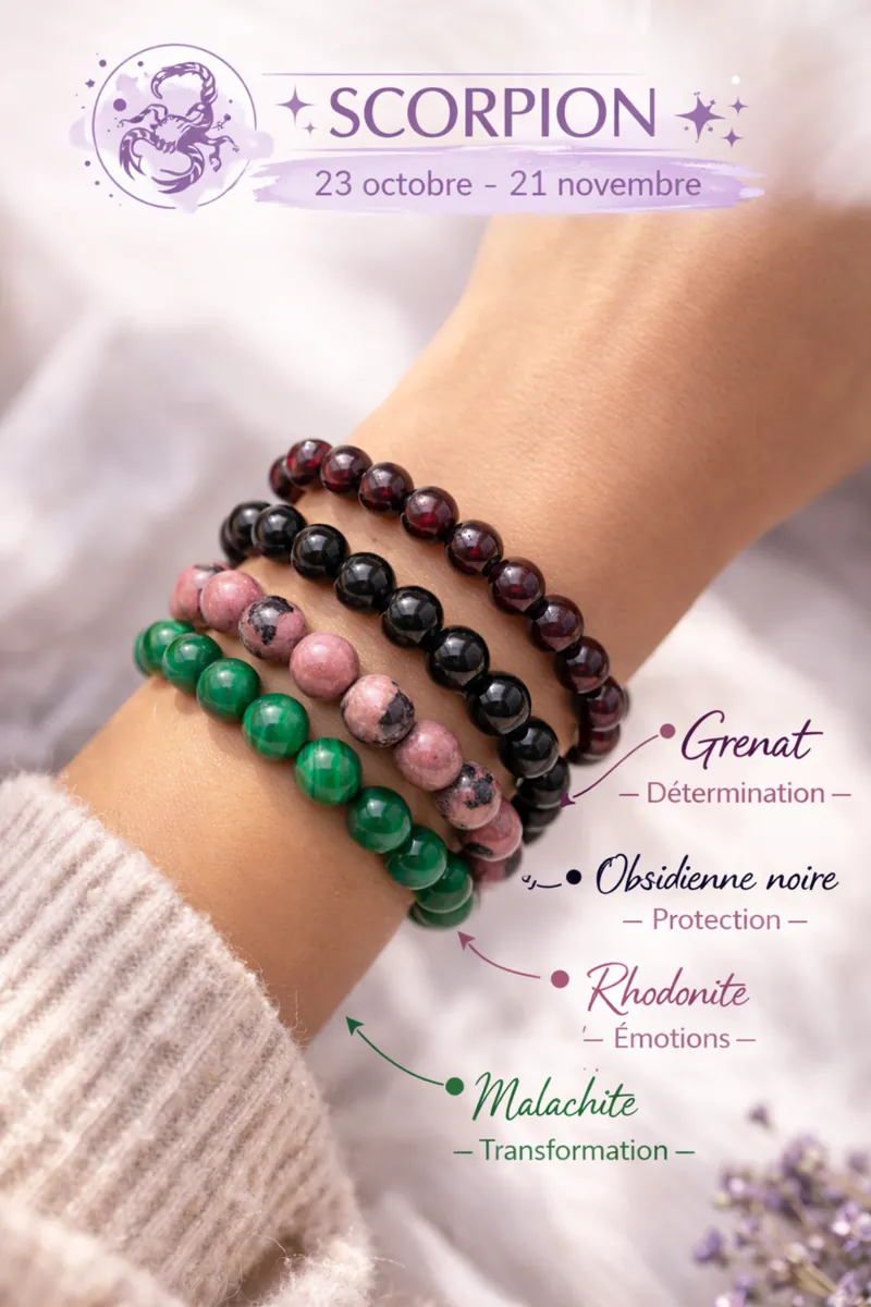 Bracelets Scorpion en grenat, obsidienne noire, rhodonite et malachite portés au poignet avec bannière astrologique pastel