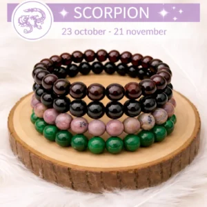 Collection Scorpion composée de quatre bracelets en grenat, obsidienne noire, rhodonite et malachite posés sur un rondin en bois