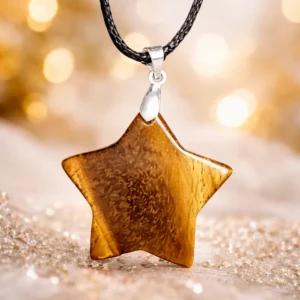 Pendentif étoile en Œil de Tigre naturel avec reflets dorés sur fond clair