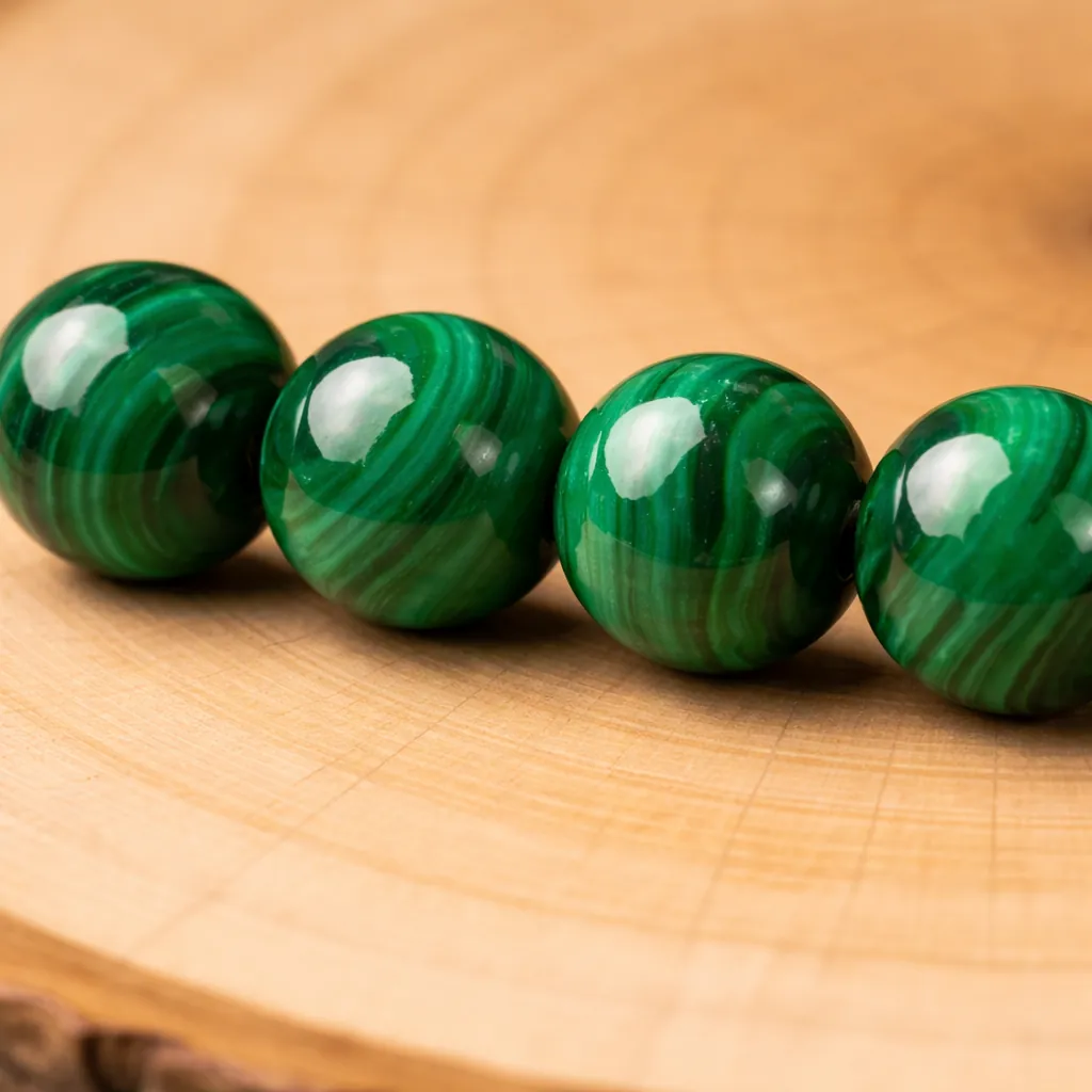 Gros plan sur quatre perles en malachite naturelle vert intense