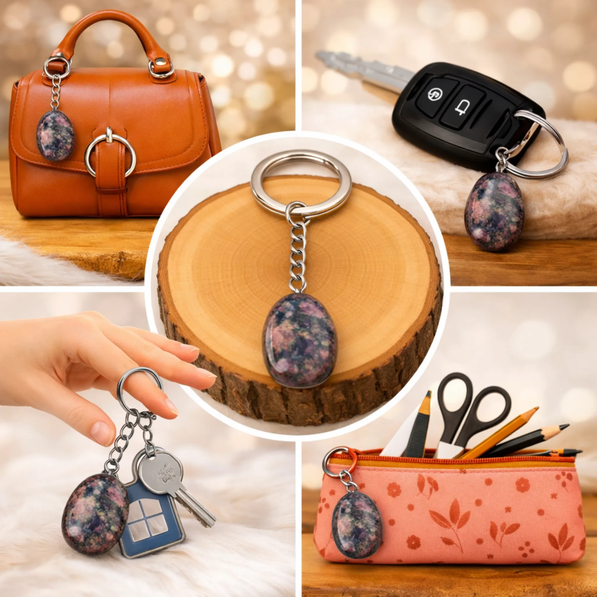 Porte-clés en Libérite naturelle utilisé comme bijou de sac et accessoire de clés