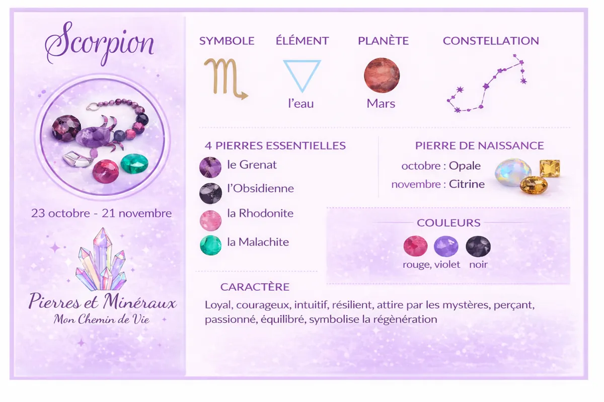 Infographie signe astrologique Scorpion avec ses 4 pierres essentielles : Grenat, Obsidienne, Rhodonite et Malachite – Pierres et Minéraux Mon Chemin de Vie