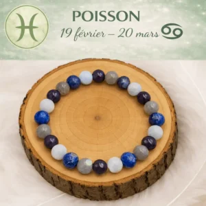 Bracelet signe astrologique Poissons en pierres naturelles avec Aigue-marine, Labradorite, Améthyste et Lapis-lazuli présenté sur rondin