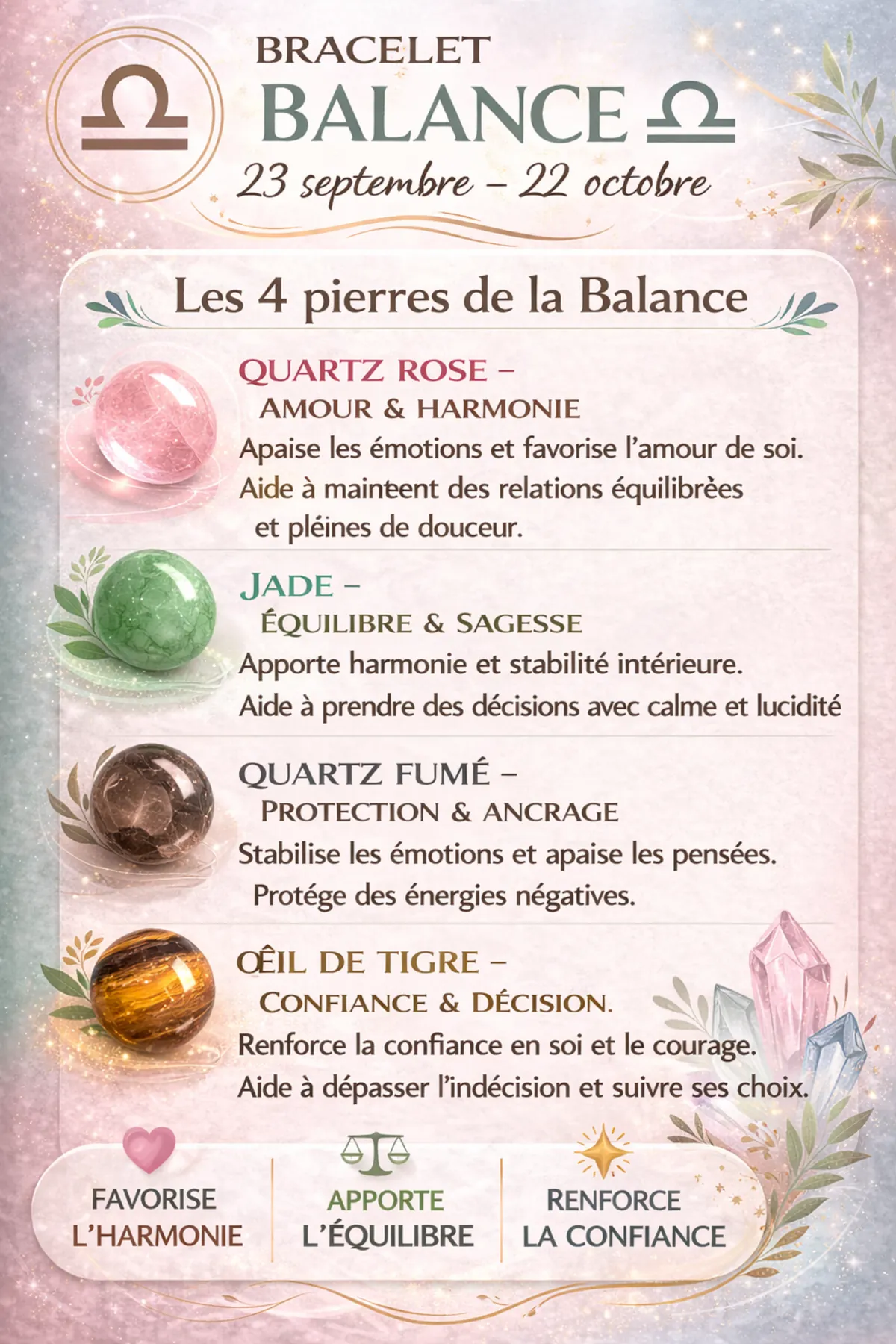 Bracelet astrologique Balance avec Quartz rose, Jade, Quartz fumé et Œil de tigre – pierres du signe Balance