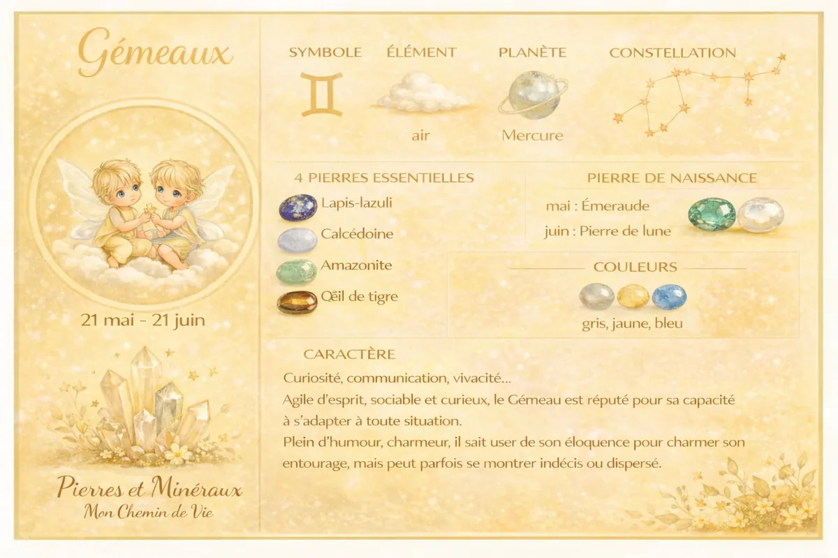 Infographie astrologique des Gémeaux avec les pierres essentielles, les couleurs et les caractéristiques du signe.