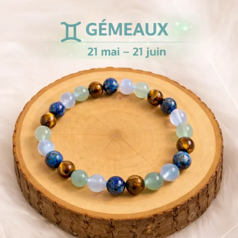 Bracelet Gémeaux composé de Lapis-lazuli, Calcédoine, Aventurine verte et Œil de tigre sur fond de rondin bois.