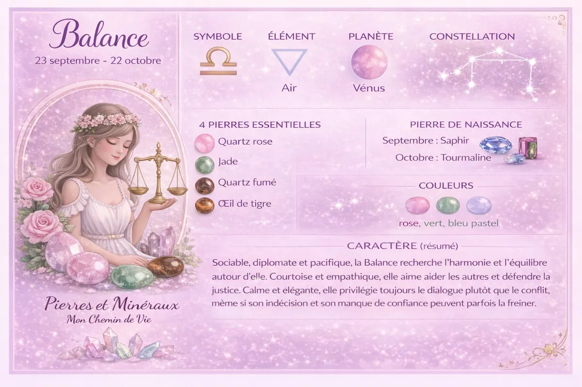 Signe astrologique Balance avec ses pierres naturelles : Quartz rose, Jade, Quartz fumé et Œil de tigre