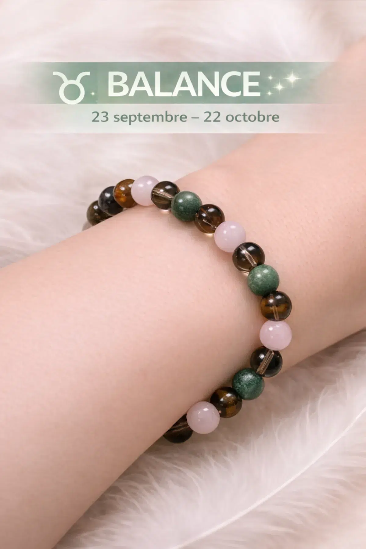 bracelet astrologique balance en pierres naturelles quartz rose jade quartz fumé oeil de tigre porté au poignet