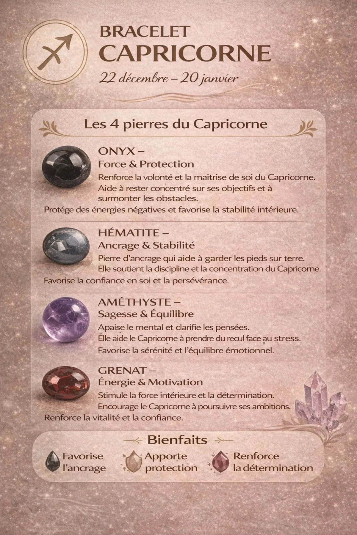 Bracelet Capricorne en pierres naturelles onyx hématite améthyste grenat