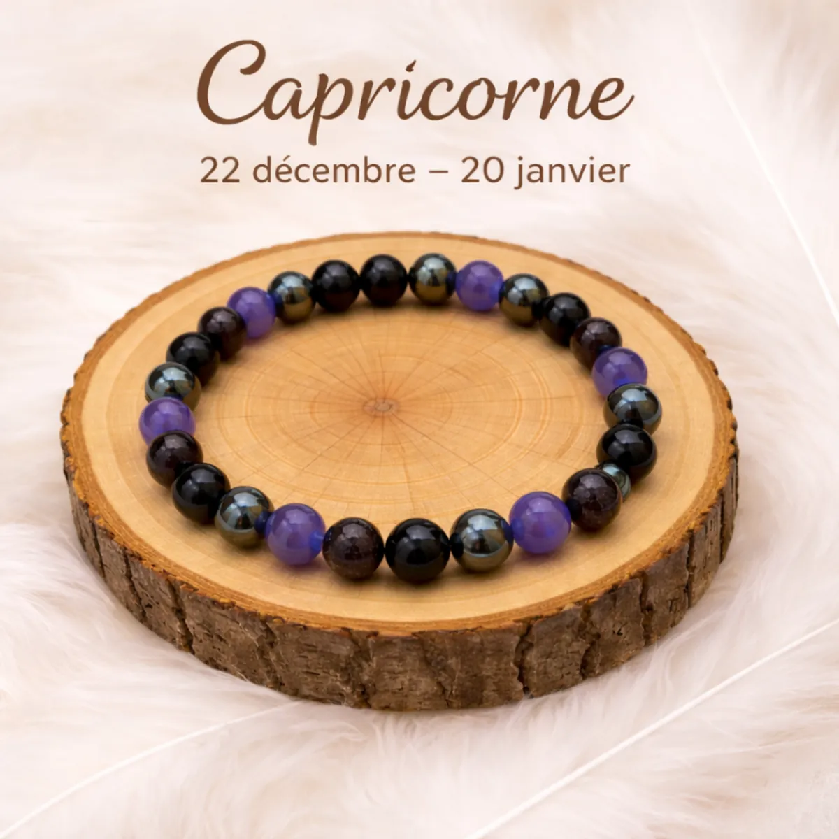 bracelet capricorne pierres naturelles onyx hématite améthyste grenat sur rondin bois