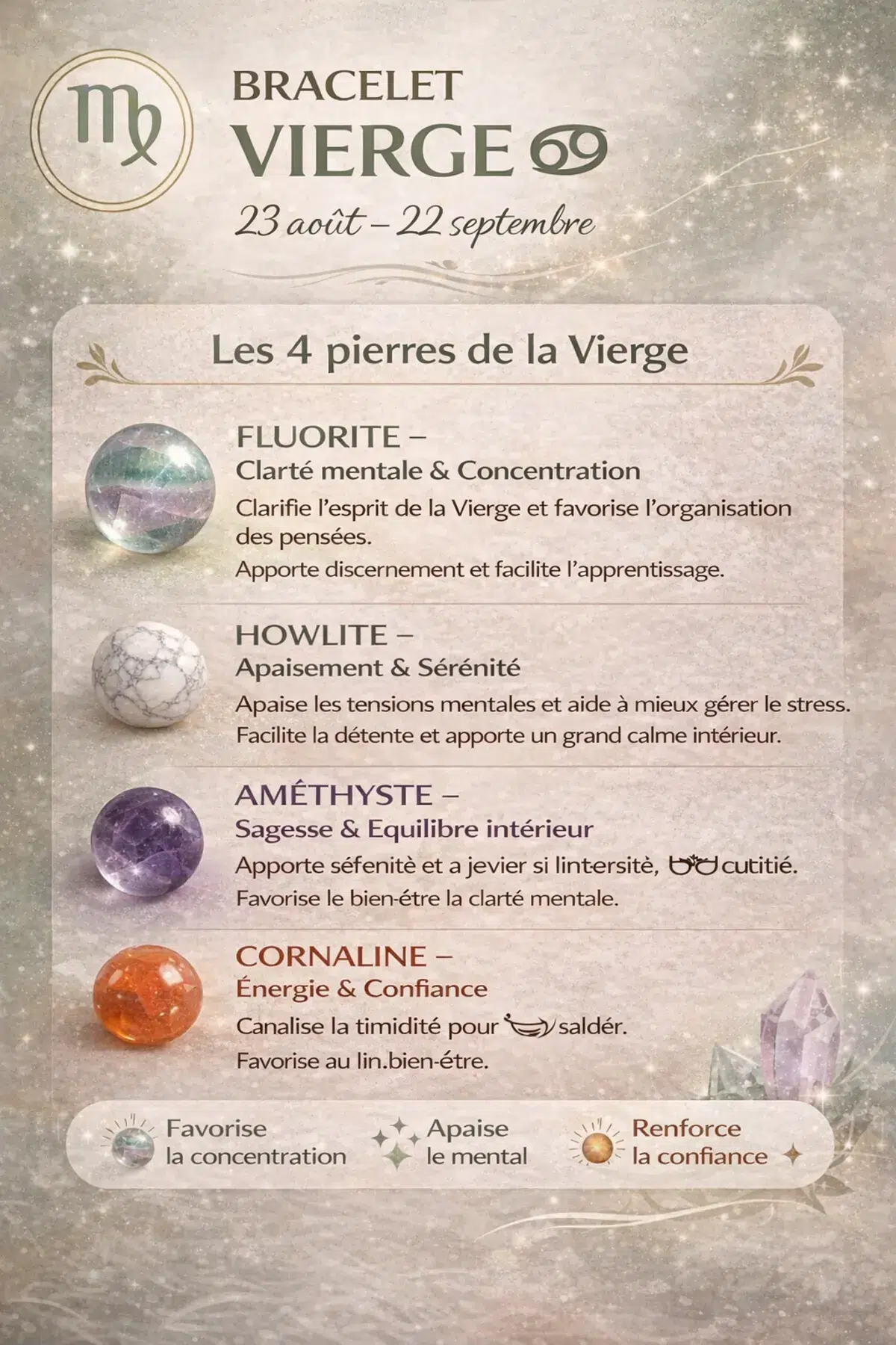 bracelet vierge pierres naturelles fluorite howlite amethyste cornaline signe astrologique vierge