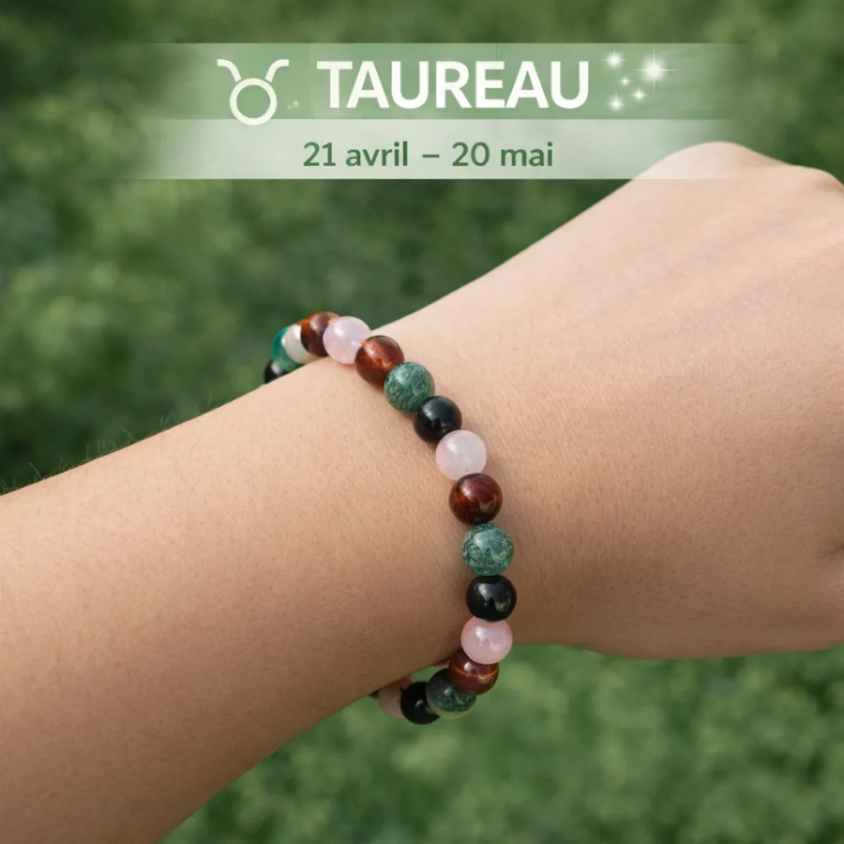 Bracelet astro Taureau en Tourmaline noire, Œil de taureau, Quartz rose et Agate mousse porté au poignet – 21 avril 20 mai