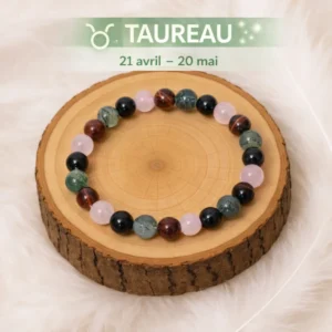 Bracelet pierre du Taureau posé sur rondin de bois avec pierres naturelles Tourmaline noire, Œil de taureau, Quartz rose et Agate mousse