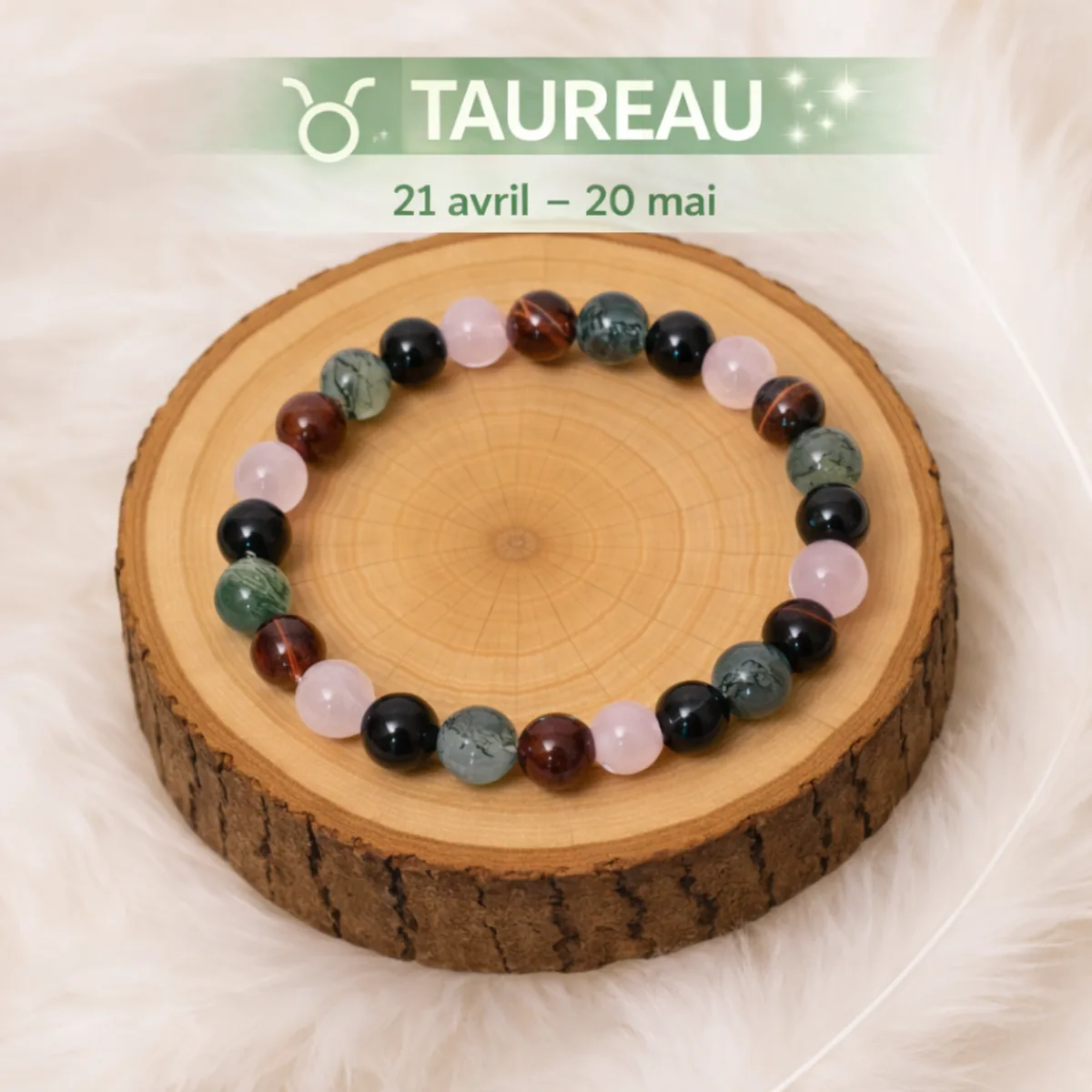 Bracelet pierre du Taureau posé sur rondin de bois avec pierres naturelles Tourmaline noire, Œil de taureau, Quartz rose et Agate mousse