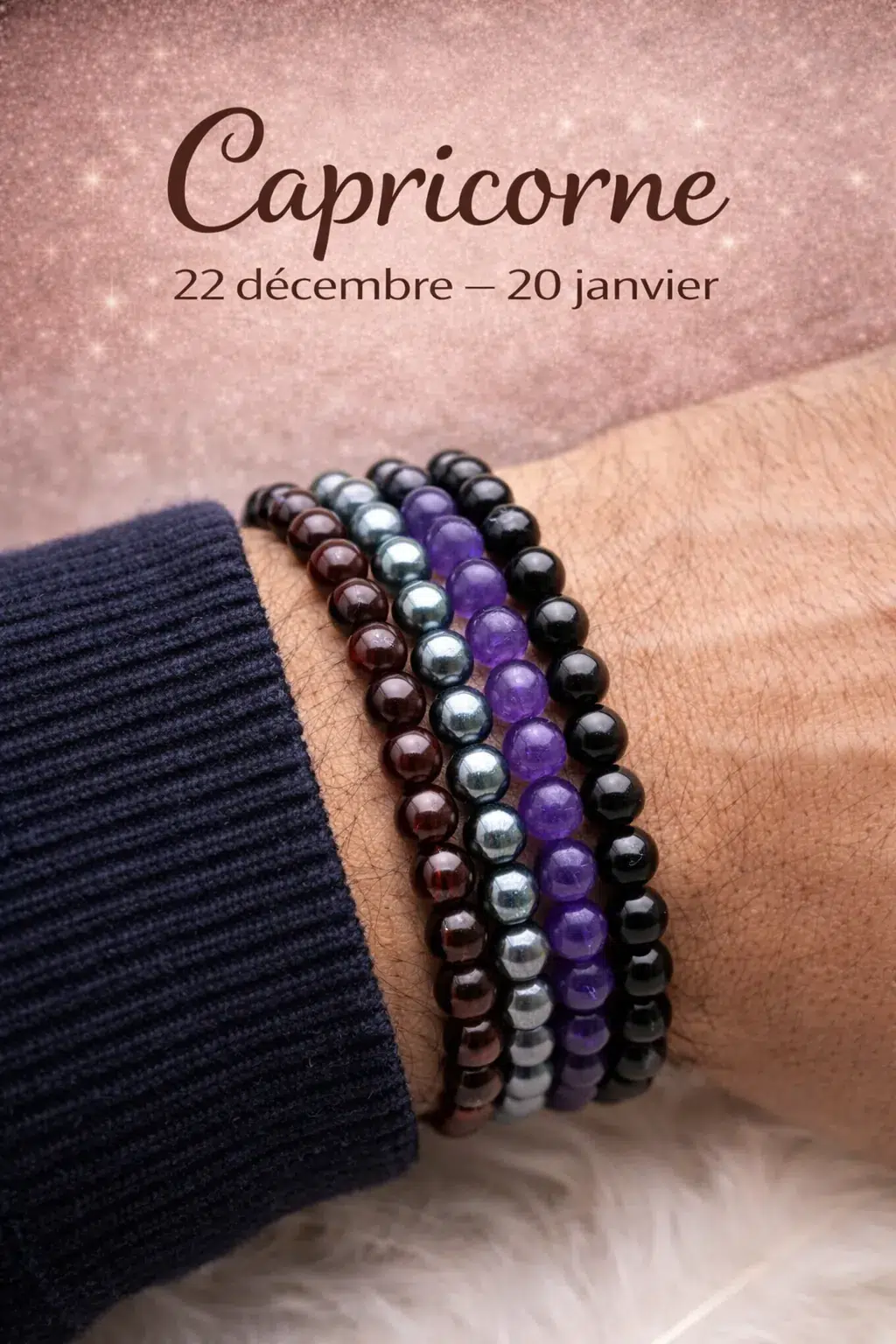 Collection Bracelets Capricorne en pierres naturelles onyx hématite améthyste grenat portés au poignet homme