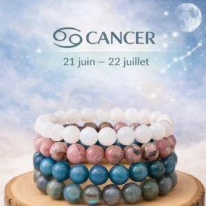 Collection Cancer empilés en pierre de lune rhodonite apatite bleue et labradorite sur rondin en bois