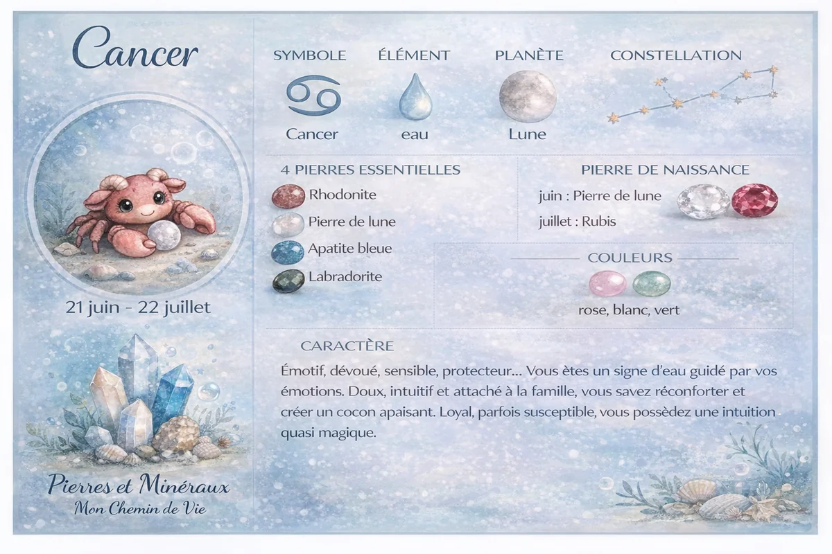 Les pierres du Cancer (21 juin - 22 juillet) avec pierres naturelles, couleur bleu pastel et caractéristiques du signe.