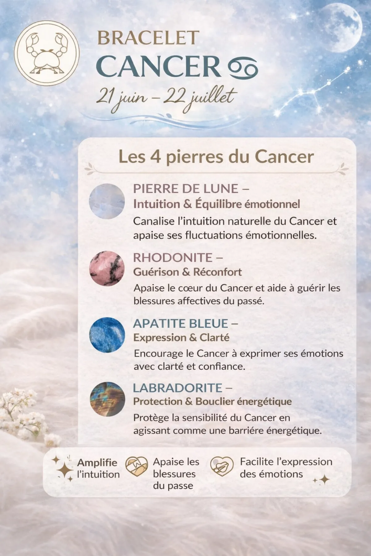 Infographie Pierre du Cancer : Signification, Vertus et Bracelet Astro