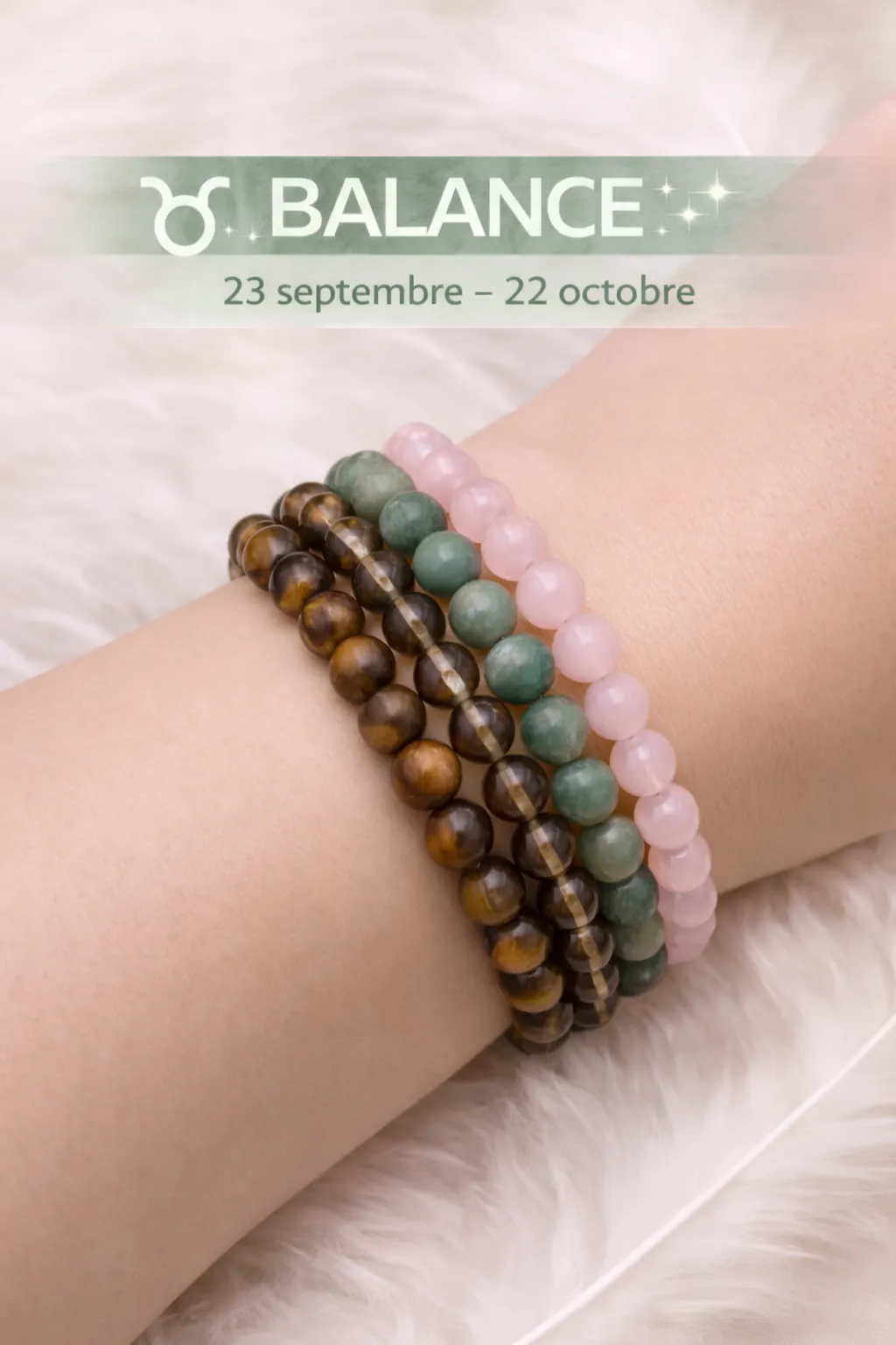 collection bracelet balance pierres naturelles portées au poignet quartz rose jade quartz fumé oeil de tigre