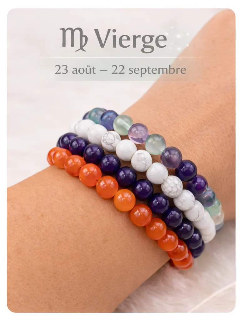 Quatre bracelets en pierres naturelles empilés portés au poignet – Collection Vierge