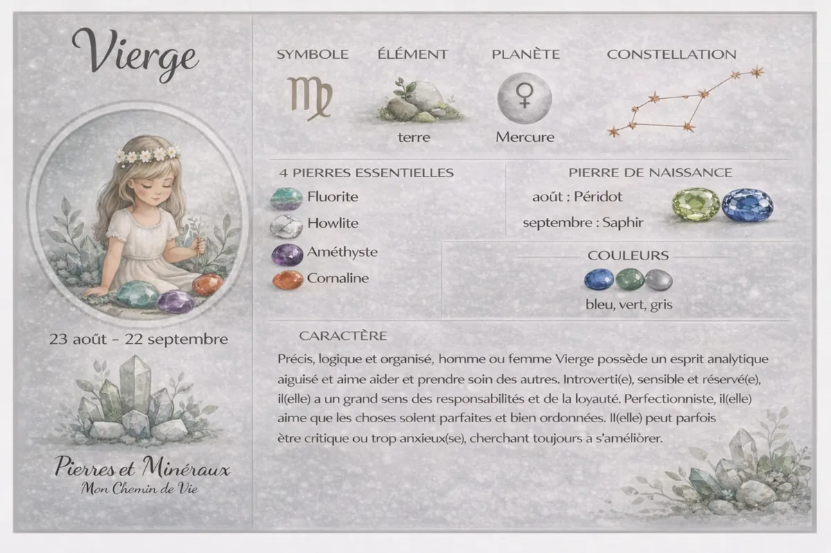 Pierre du signe astrologique Vierge avec ses pierres naturelles : fluorite, howlite, améthyste et cornaline