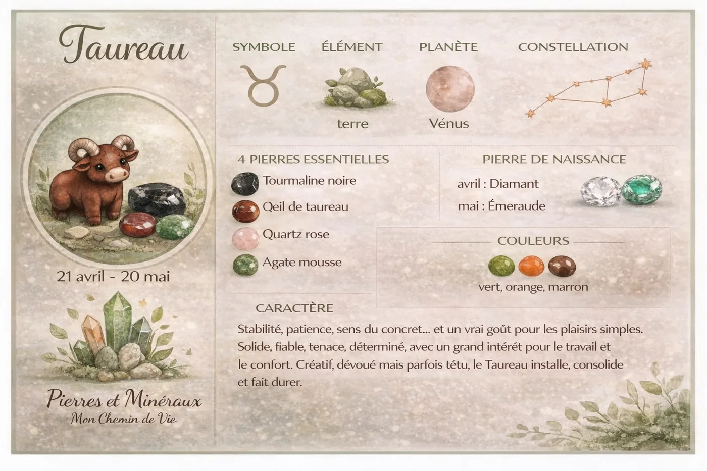 Infographie du signe astrologique Taureau avec tourmaline noire, œil de taureau, quartz rose et agate mousse.