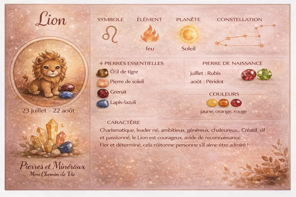 Pierre du Lion avec symbole, élément feu, planète Soleil, pierres essentielles et caractéristiques du signe.