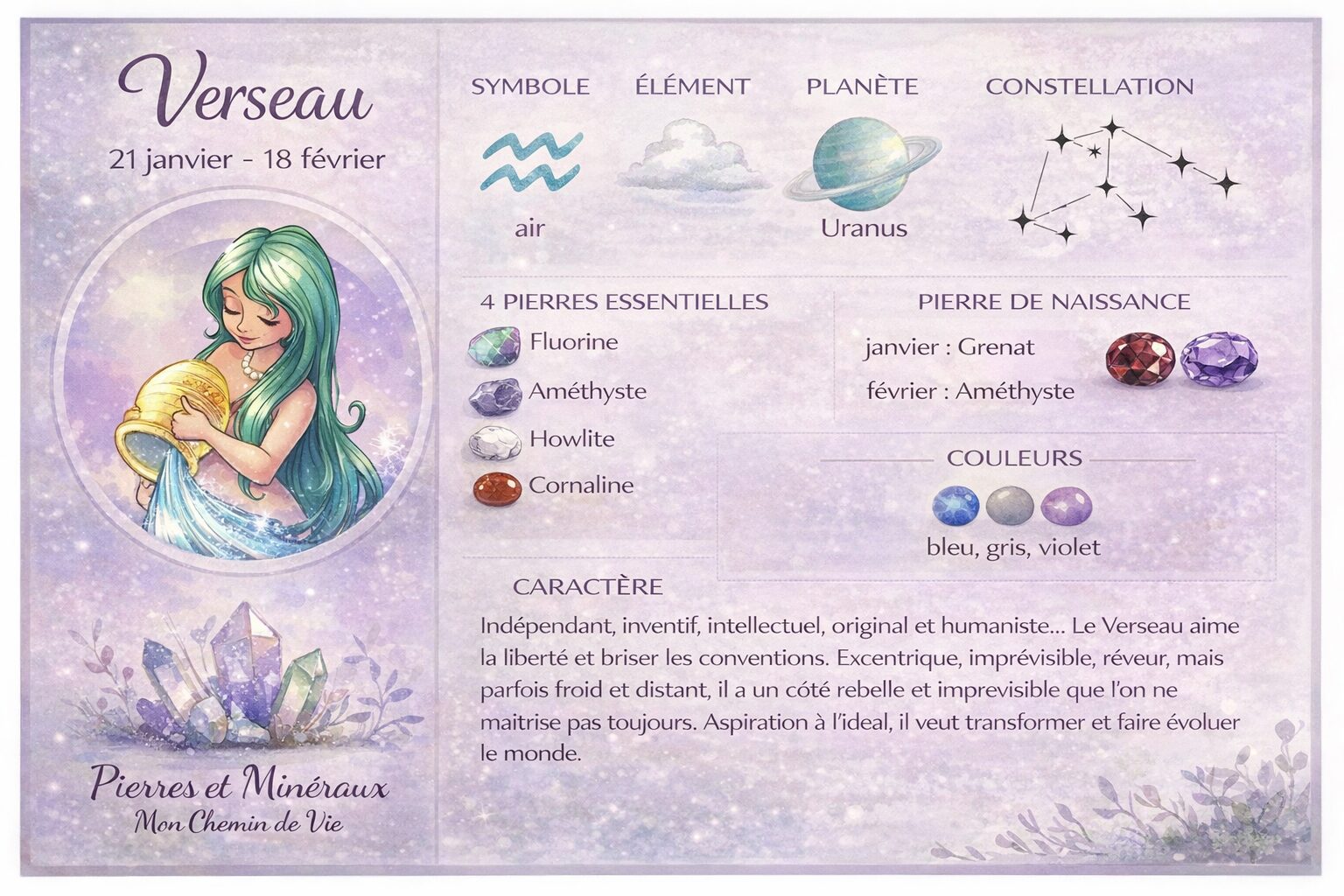 Pierre Verseau avec constellation, élément air, planète Uranus et pierres fluorine, améthyste, howlite et cornaline