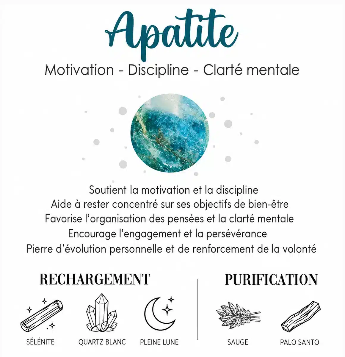 Fiche explicative sur l’Apatite bleue, ses bienfaits, sa purification et son rechargement