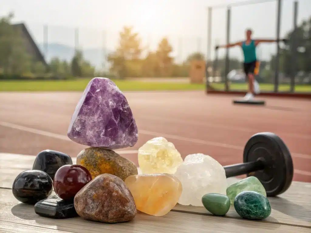 pierres pour le sport avec minéraux naturels et haltère