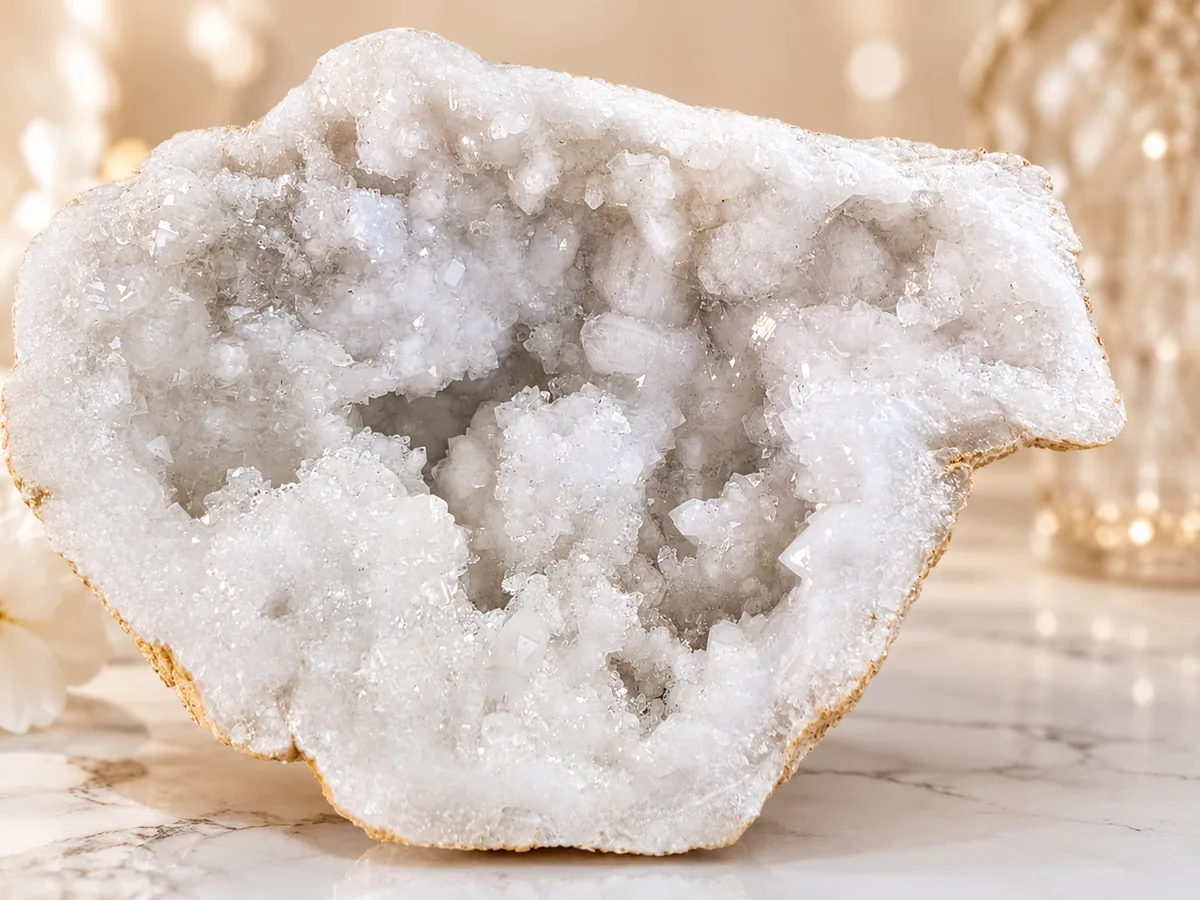 Géode de quartz blanc 1,8 kg avec cristaux brillants sur fond clair et élégant