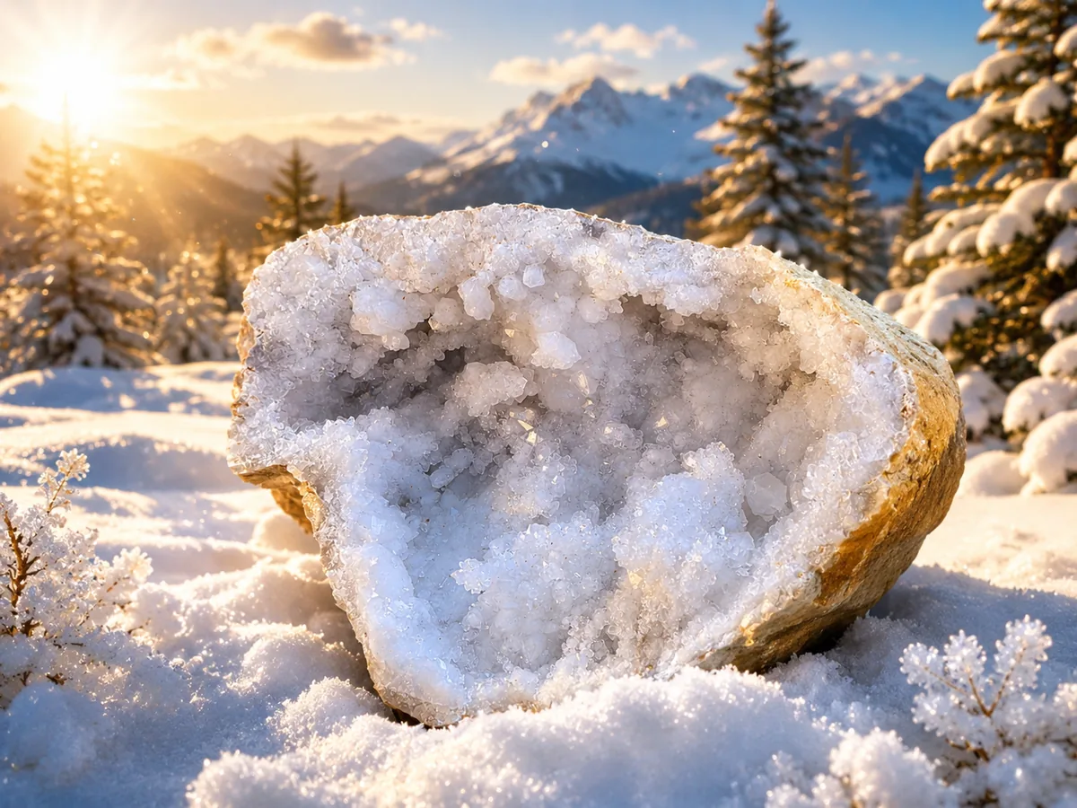 Géode de quartz blanc 1,8 kg aux cristaux naturels sur fond de montagne enneigée
