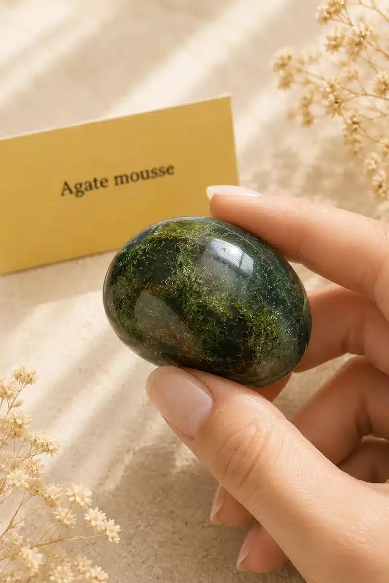 Grande pierre roulée en agate mousse verte tenue délicatement dans une main