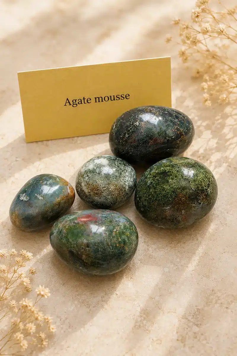 Pierres roulées naturelles en agate mousse aux nuances vertes, bleutées et brunes