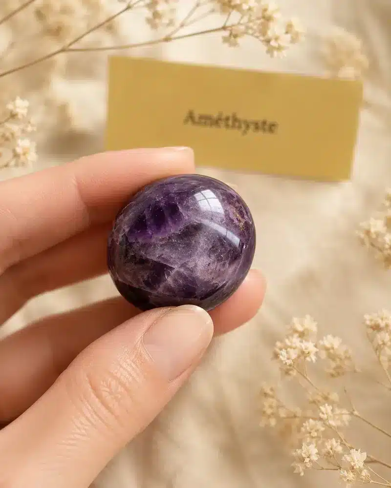 Pierre roulée en améthyste violette tenue entre les doigts sur un fond doux et naturel