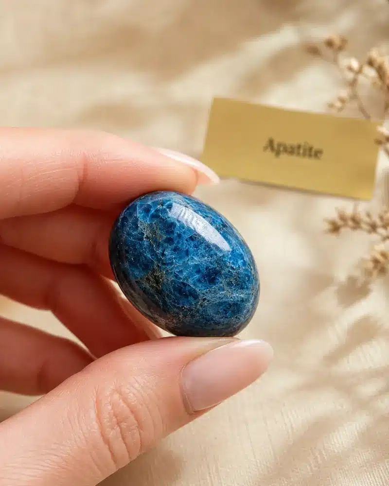 Pierres roulées en apatite bleue tenue à la main