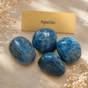 Pierres roulées naturelles en apatite bleue sur fond clair avec étiquette Apatite