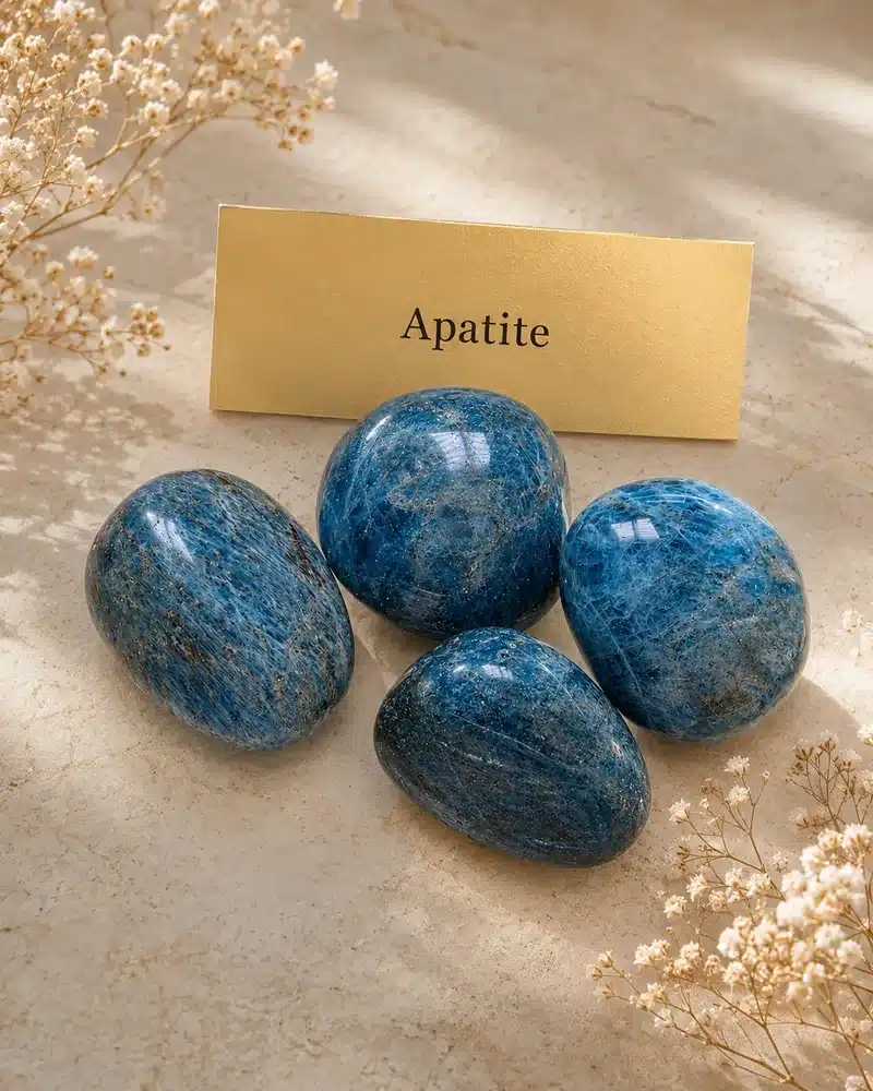 Pierres roulées naturelles en apatite bleue sur fond clair avec étiquette Apatite